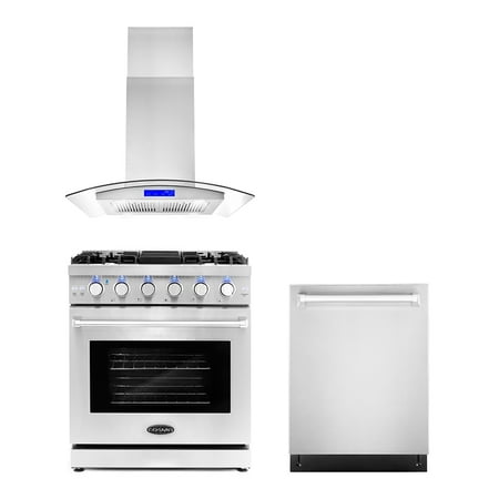 Cosmo 3 Piece Kitchen Appliance Packages with 30  Freestanding Gas Range Kitchen Stove 30  Island Range Hood & 24  Built-in Fully Integrated Dishwasher Kitchen Appliance Bundles