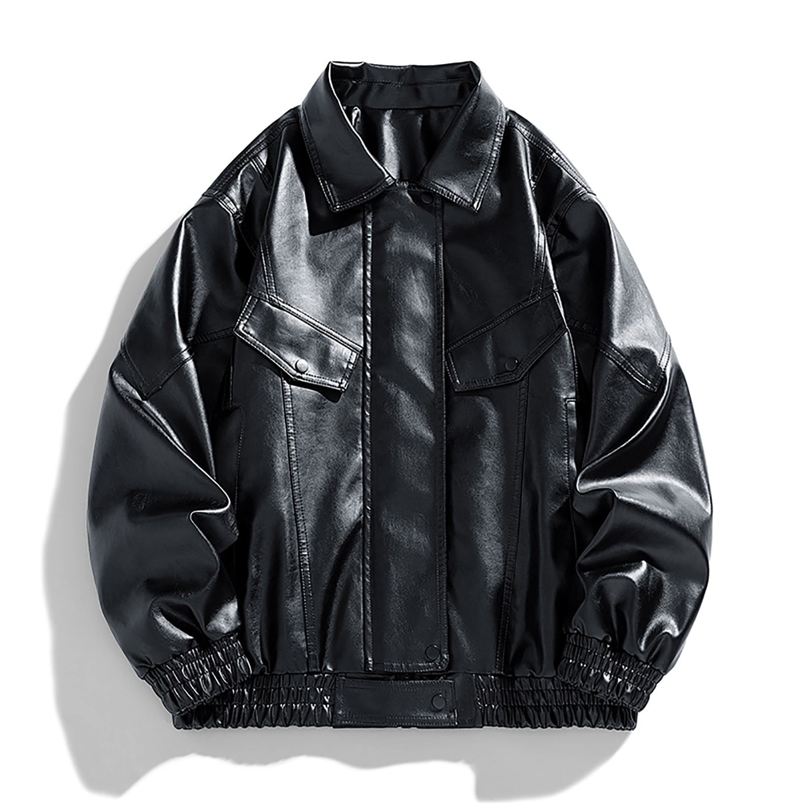 HOOMEUMY Mens Faux Leather Jacket Workout Drop Shoulder Clothes Fashion 2025 Trendy Classic Solid Coat Turndown Collar Design Vintage Loose Fit Biker Outwear Pockets Jacket Casual Black M