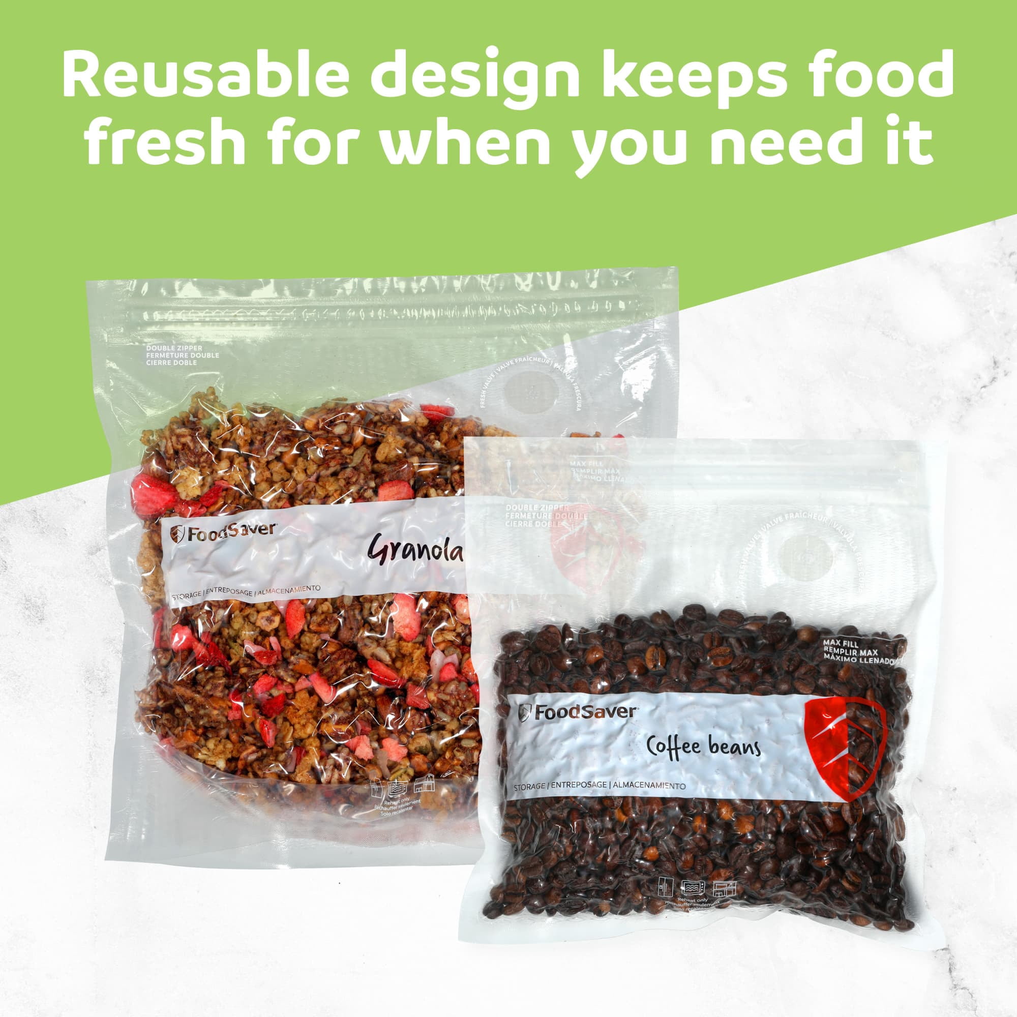 FoodSaver Reusable Quart Vacuum Zipper Bags, 34 Count BPA-Free Storage Bags for Food, Sous Vide, and Meal Prep, Compatible with Handheld Sealers