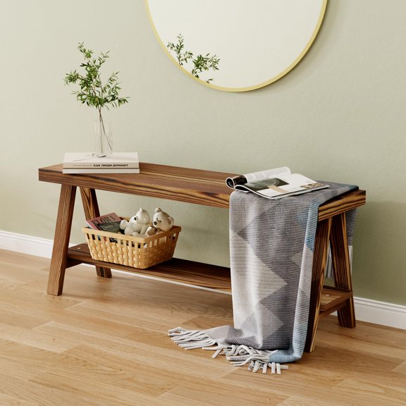 43.3" Solid Wood Entryway Bench with Shoe Shelf, Farmhouse Indoor Bench for End of Bed, Dining Room, Living Room, Hallway, Brown
