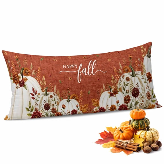 Red Orange Hello Fall Throw Pillow Covers,Pumpkin Thanksgiving Botanical Floral Soft Breathable Pillow Cases with Zipper for Sleeping,Long Body Pillowcases for Couch Bed Sofa Chair 20x54 Inches