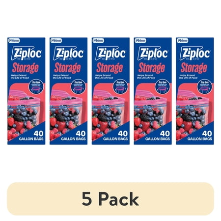 (5 pack) Ziploc Brand Food Storage Bags, School Supplies, with Grip 'n Seal Technology, Zipper, Gallon, 40 Count