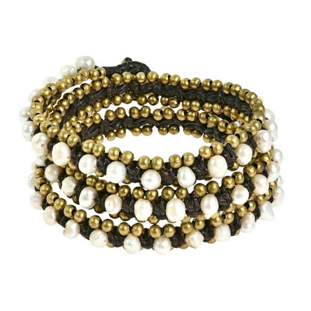 Cultured Freshwater White Pearl Vintage Triple Cotton Wax Rope Wrap Bracelet