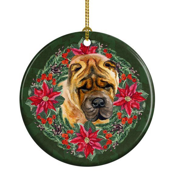 Shar Pei Poinsetta Wreath Ceramic Ornament 2.8 in x 2.8 in