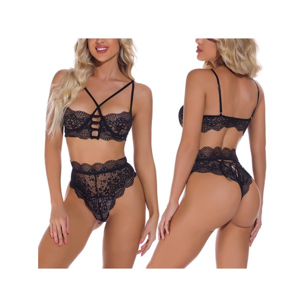 TRKIYQC Conjunto de lencería de 2 piezas para mujer, sexy babydoll de encaje floral con ribete festoneado y conjunto de bragas TRKIYQC moda