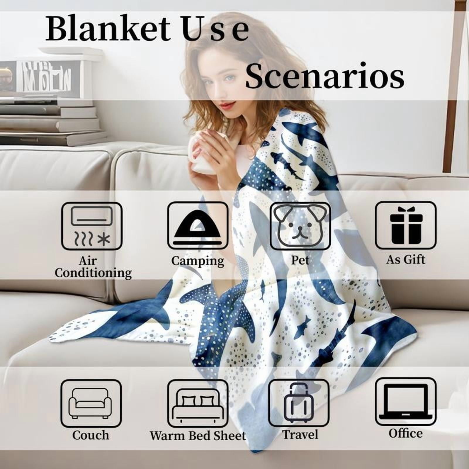Shark Pattern Blanket, Soft Warm Throw Blanket, Air-conditioned Room Blanket, Warm Nap Blanket for Home Office Travel, Lightweight Blanket