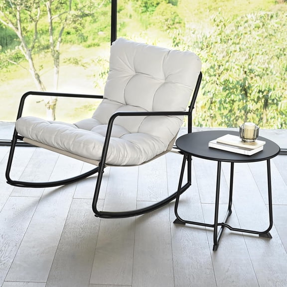Outdoor Rocking Chair Set, 2-Piece Metal Patio Bistro Set with Patio Rocker Chair and Round Side Table, Outdoor Papasan Chair with Padded Cushion for Garden, Apartment, Indoor, Off-White