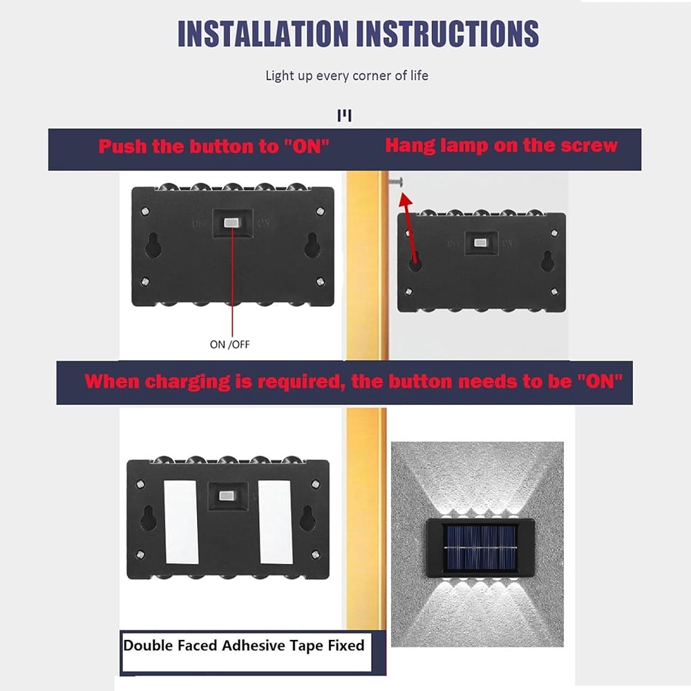 INTELIVE 4pcs Solar Wall Light with 10 LEDs, Wireless Solar LED Wall Light Top and Down Outdoor Garden Lamp for Garden Patio Hallway Stairs, White Light Color