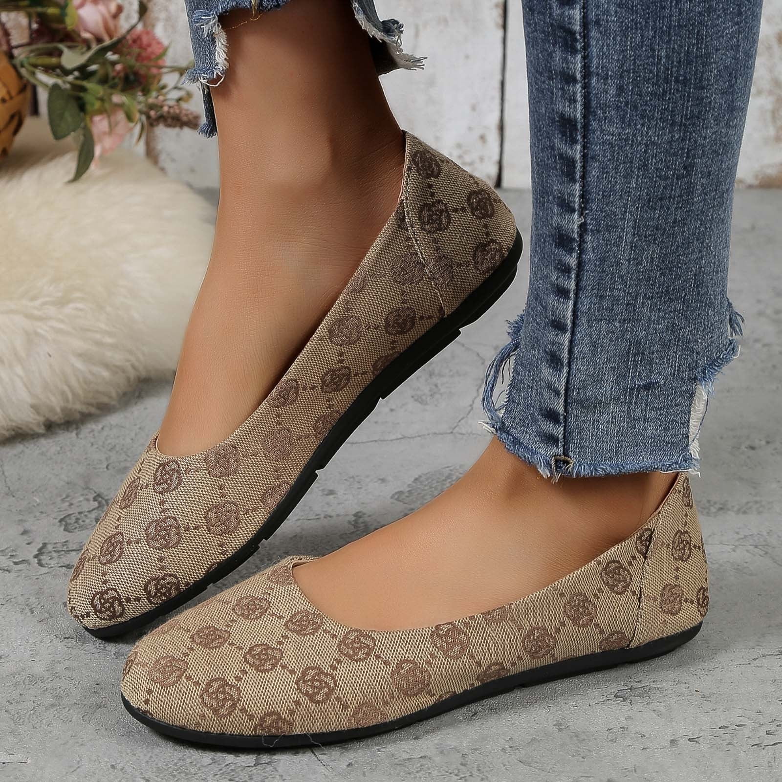 Blphud Women's Business Casual Shoes Summer Shoes for Women Casual Ladies  Colour Blocking Round Head Printing Shallow Mouth Flat Bottom Casual  Comfortable Big Size Shoes Khaki 38 - Walmart.com
