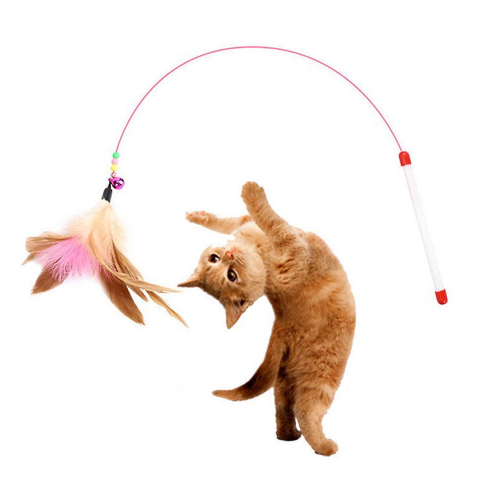 NEW Steel Wire Kitten Cat Toy Feather Rod Teaser Bell Play Pet Dangler Wand OF 