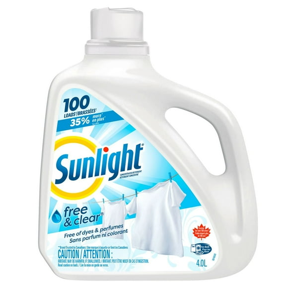 Sunlight Free and Clear Hypoallergenic Concentrated Liquid Laundry Detergent, 4.0L, 100 Wash Loads, 1 Bottle, 4.0 Litres