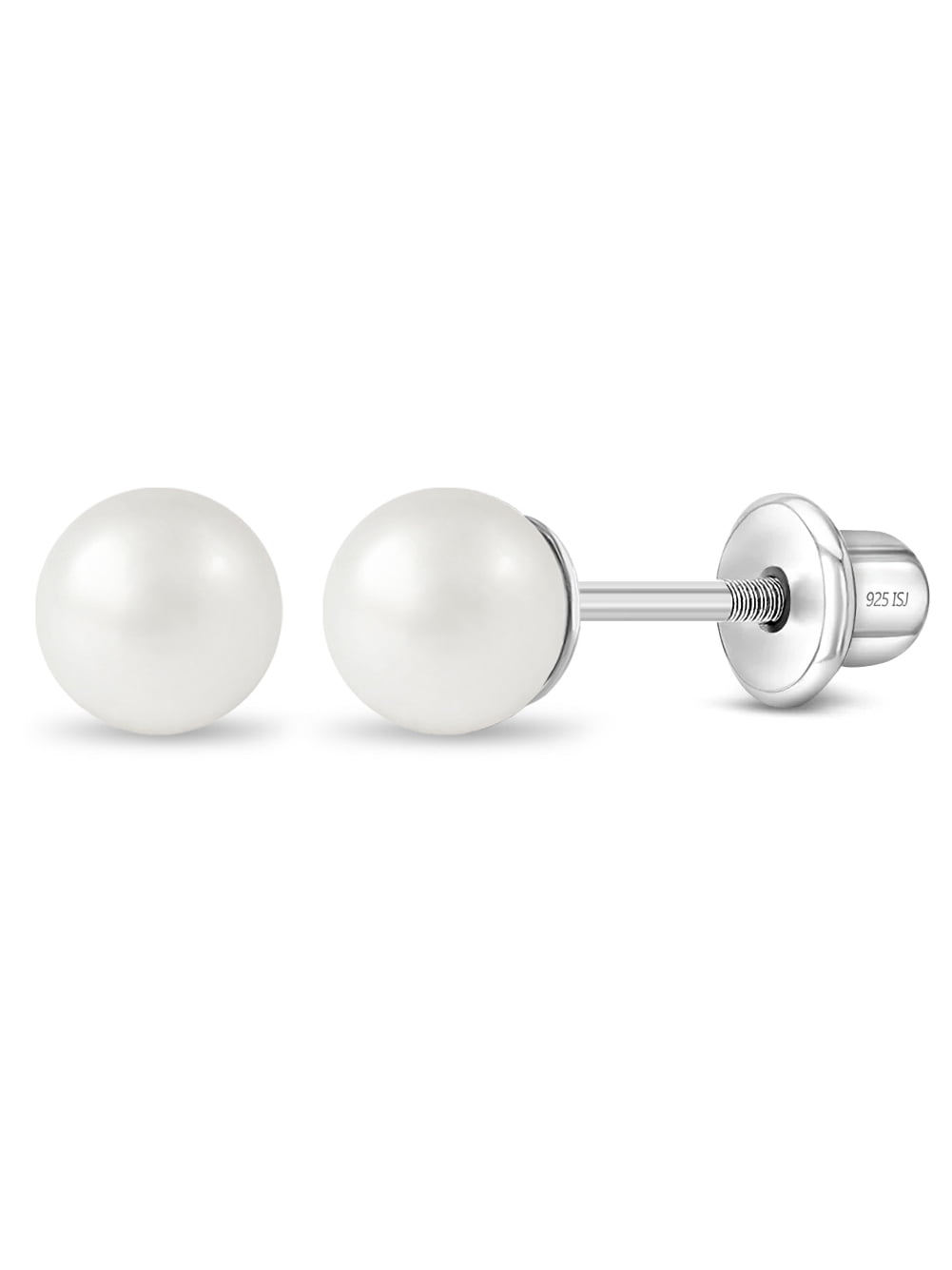 925 Sterling Silver Classic 5mm White Simulated Pearl Toddler Earrings Baby