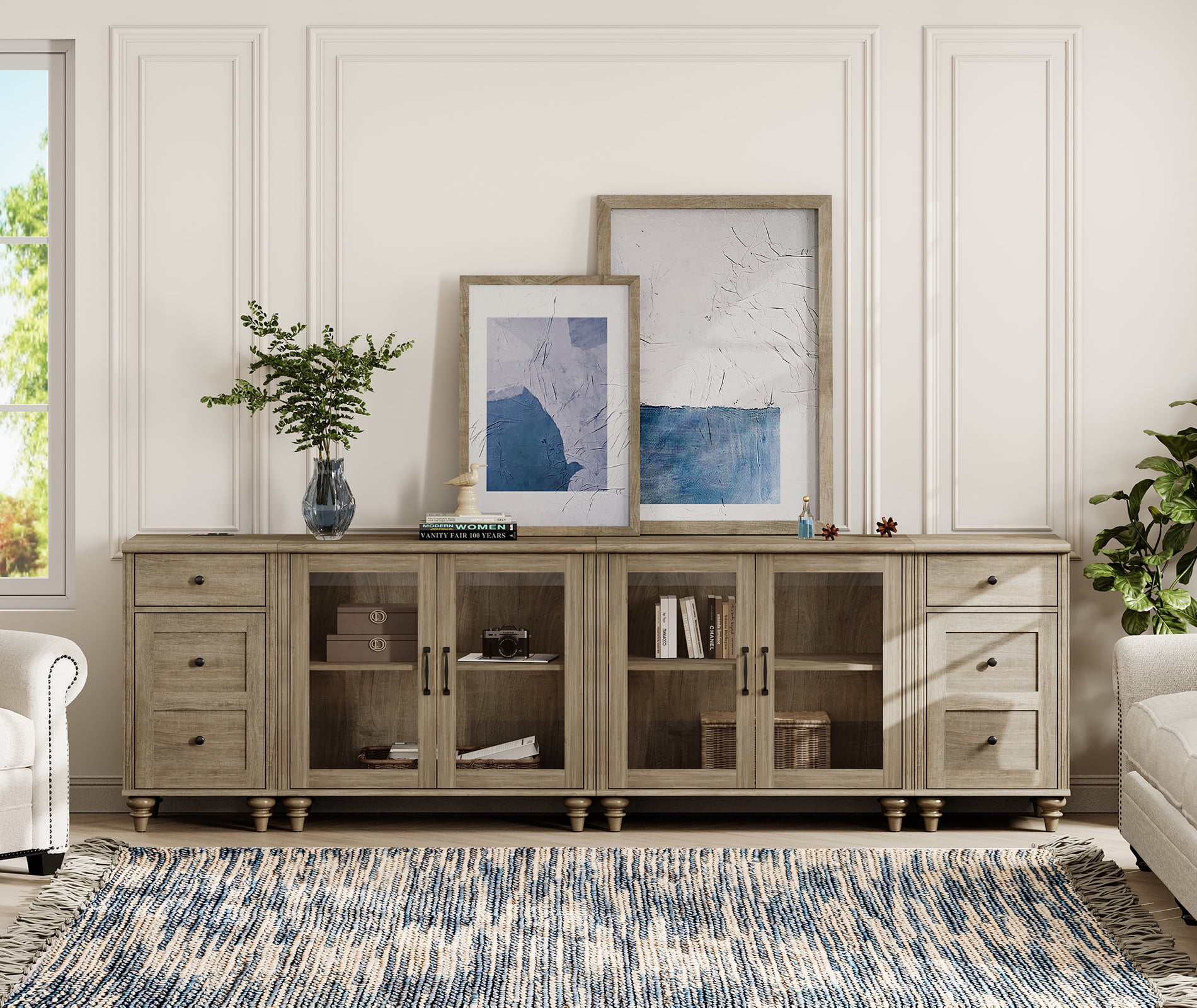 WAMPAT TV Stand for 100 Inch TV, TV Console Table for 85 90 95 Inch TV, Farmhouse Entertainment Center with Charging Station & Glass Door, Kitchen Sideboard Buffet Cabinet for Dining Room, Wash Grey