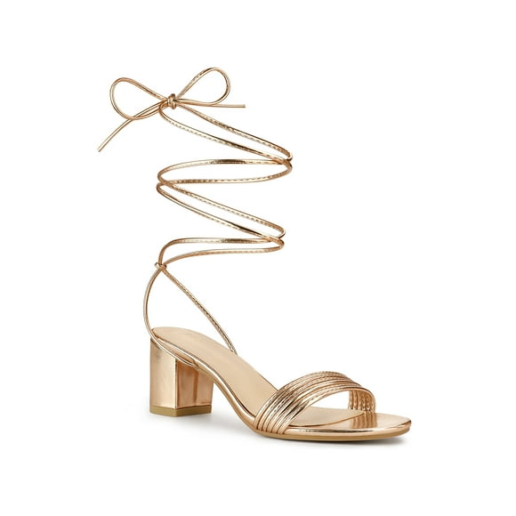 Unique Bargains Women's Sparkle Strappy Lace Up Block Heel Sandals Rose Gold (Size 8)