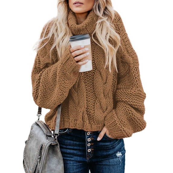 Asyoly Womens Chunky Cable Knit Turtleneck Sweater Balloon Long Sleeve Solid Color Casual Pullover Winter Warm Jumper Loose Tops Outerwear S-XXL