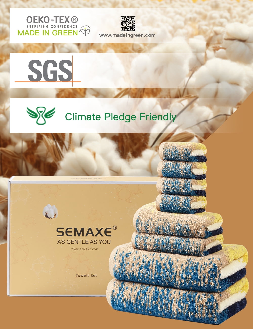 SEMAXE Luxury Cotton Bath Towel Set: 8-Piece (2 Bath Sheets 28x55" + 2 Hand Towels 16x28" + 4 Washcloths 13x13") | 550GSM, Ultra Plush | Spa, Hotel Grade for Family Bathroom Essentials, Beach