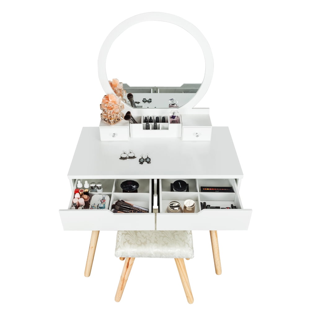 Lowestbest Wooden Dressing Table Set, Desk with Round Mirror and Two Drawers, Suitable for Bedroom and Office, White