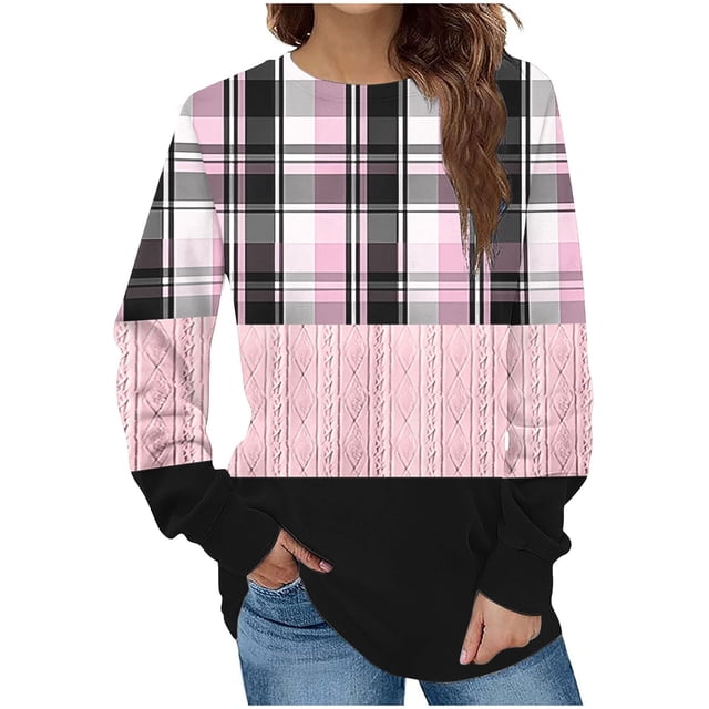 KIHOUT Chandails en Molleton de Mode pour Femmes, Manches Longues Décontractées à Carreaux Patchwork Col Rond Ample Blouse Pull Tops, Taille S-2TG