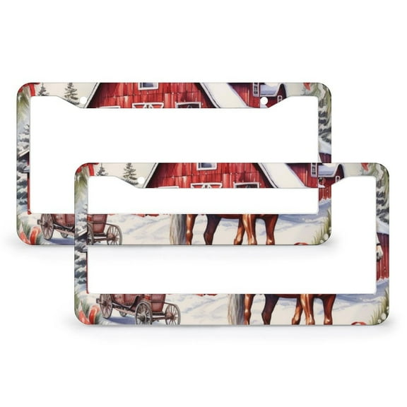 Winter Holiday Red Barns And Horse License Plate Frames 2 Pcs Set Hello Winter Holiday License Plate Frame License Plate Shield Frame Car Accessories US Canada Standard Aluminum License Plate Cover