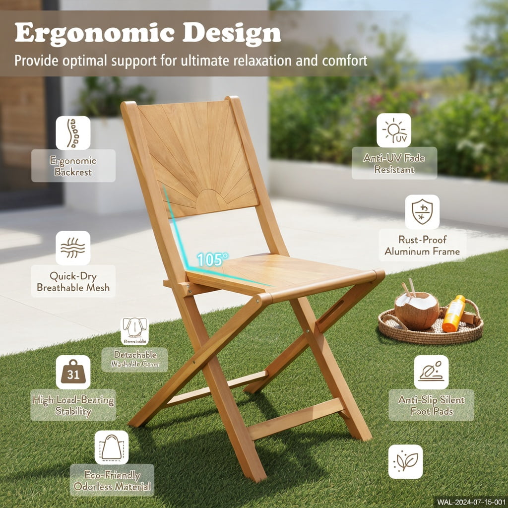Hommoo 2-Pack Folding Teak Patio Chairs with 105° Inclined Backrest, Wood Outdoor Seating for Porch, Balcony & Garden, Natural