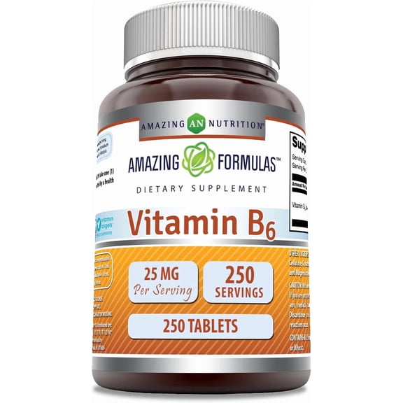Amazing Formulas Vitamin B6 Pyridoxine 25mg Per Serving 250 Tablets Supplement | Non GMO | Gluten Free