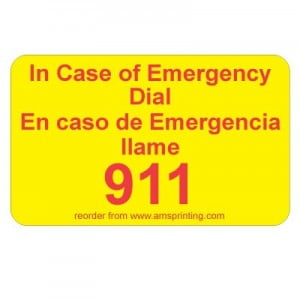 Emergency 911 Phone Stickers, Laminated Stickers on Yellow Gloss with Red Ink. Preprinted popular label in both English & Spanish. Permanent and Self-adhesive labels. Label Size: 2"(w) x 1 1/4"(h)