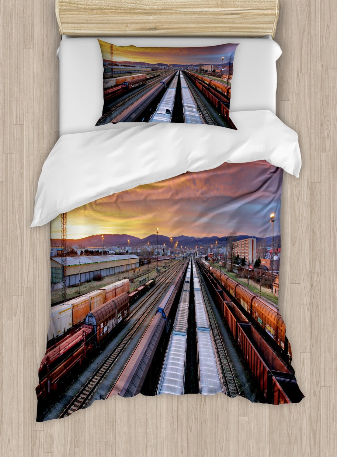 Train Track Duvet Cover Set Twin Size, Cargo Railroad Industry Themed