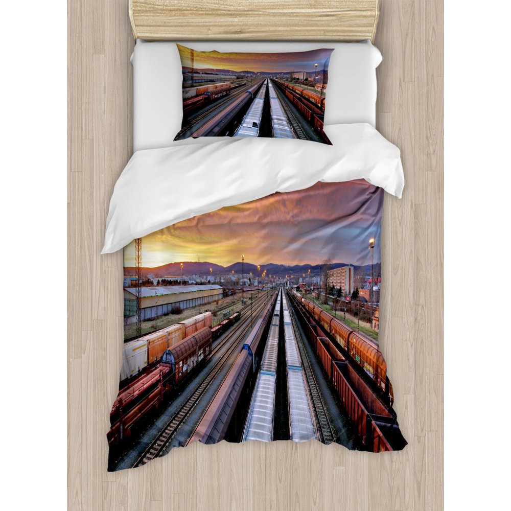 Train Track Duvet Cover Set Twin Size, Cargo Railroad Industry Themed
