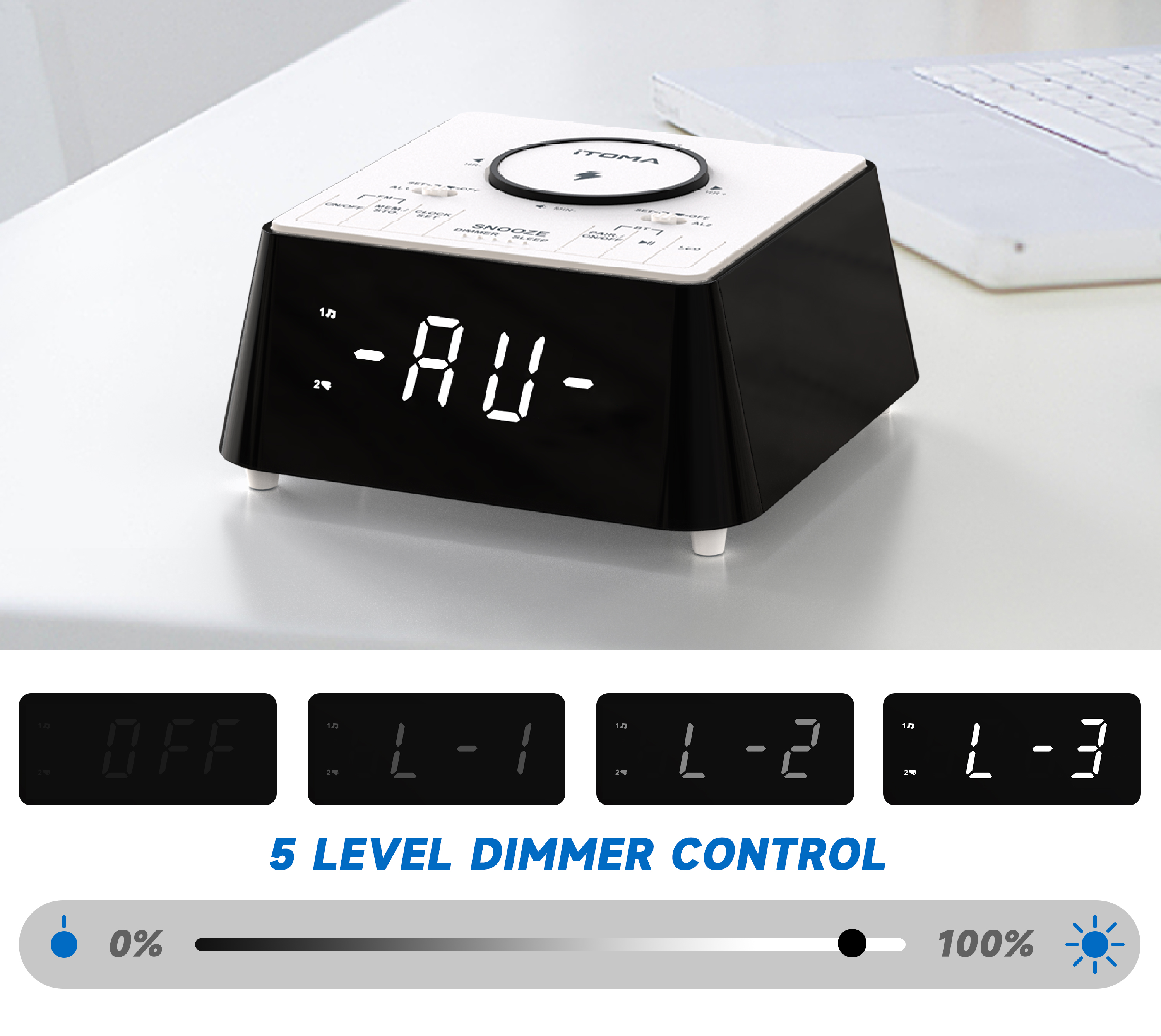 Alarm Clock with Wireless Charging, Clock Radio with Bluetooth Speaker, Dual Alarm with Snooze, USB Charging, Night Light and Dimmable Display iTOMA