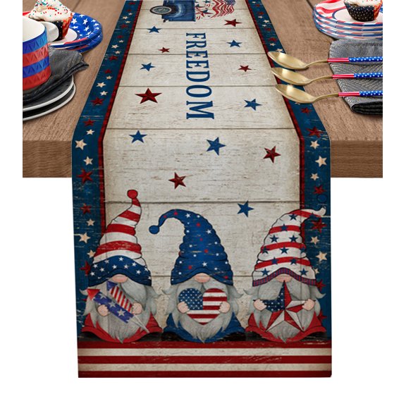 4th of July Gnomes Table Runner 60 Inches, Independence Day Dwarf American Flag Star Bed Runner Dresser Scarves Tabletop for Indoor Outdoor Parties/Ceremony/Banquet, 13" x 60"