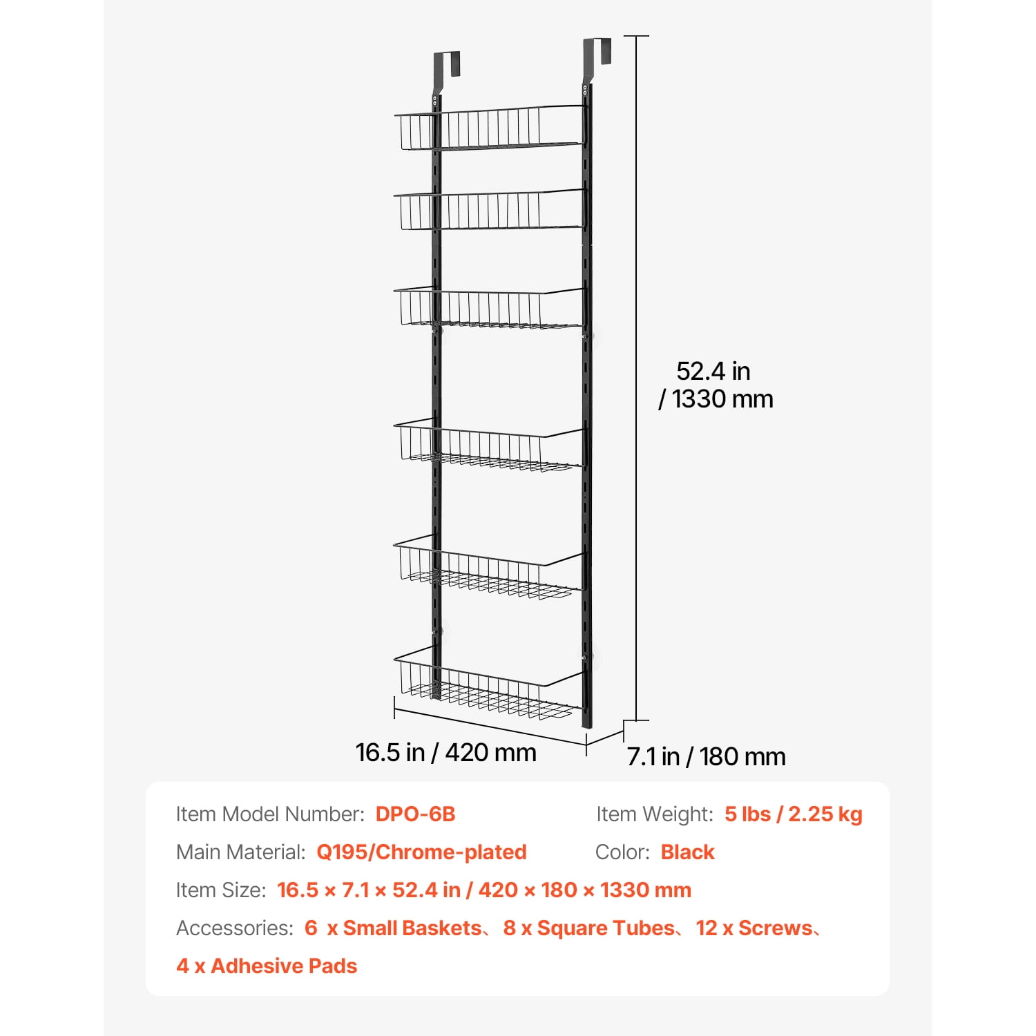 KFFKFF Door-Mounted Pantry Organizer, 6-Level Storage Solution, Robust Steel Constructed Spice Holder, Wall-Mountable Adjustable Seasoning Racks, Suitable for Kitchen, Laundry Area, Bathroom, Black