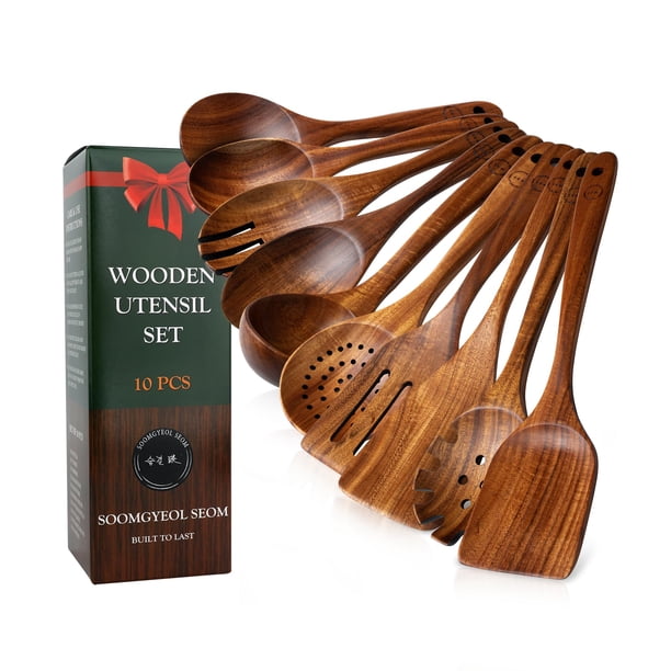 Juego de utensilios de cocina de madera de teca antiadherente de 10 piezas