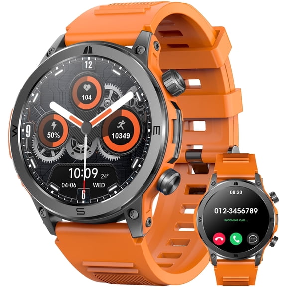 Haulvean 1.43-inch AMOLED Men's Military Smart Watches, with Answer/Make Calls/120 Sports Modes, Outdoor Fitness Tracker Watch, fits for Android and Iphone Devices (Vibrant Orange)