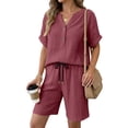 thumbnail image 4 of GZWYHT Linen Short Sets For Women 2 Piece，Beach Vacation Set Linen Beach Set Cotton Short Sets For Women Travel Outfits Workout Sets For Women Cotton Summer Sets For Women Red S, 4 of 9
