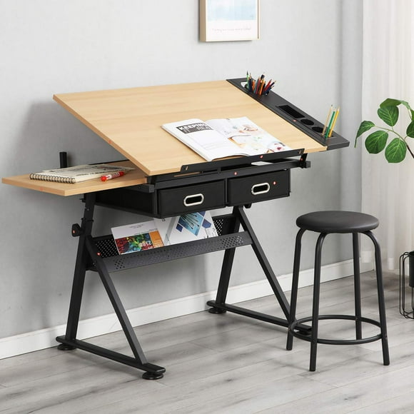 SogesPower Height Adjustable Drafting/Draft/Drawing Table Desk,Artist Desk Tilted Tabletop Sketching Work Station with 2 Storage Drawers and 1 Stool for Home Office