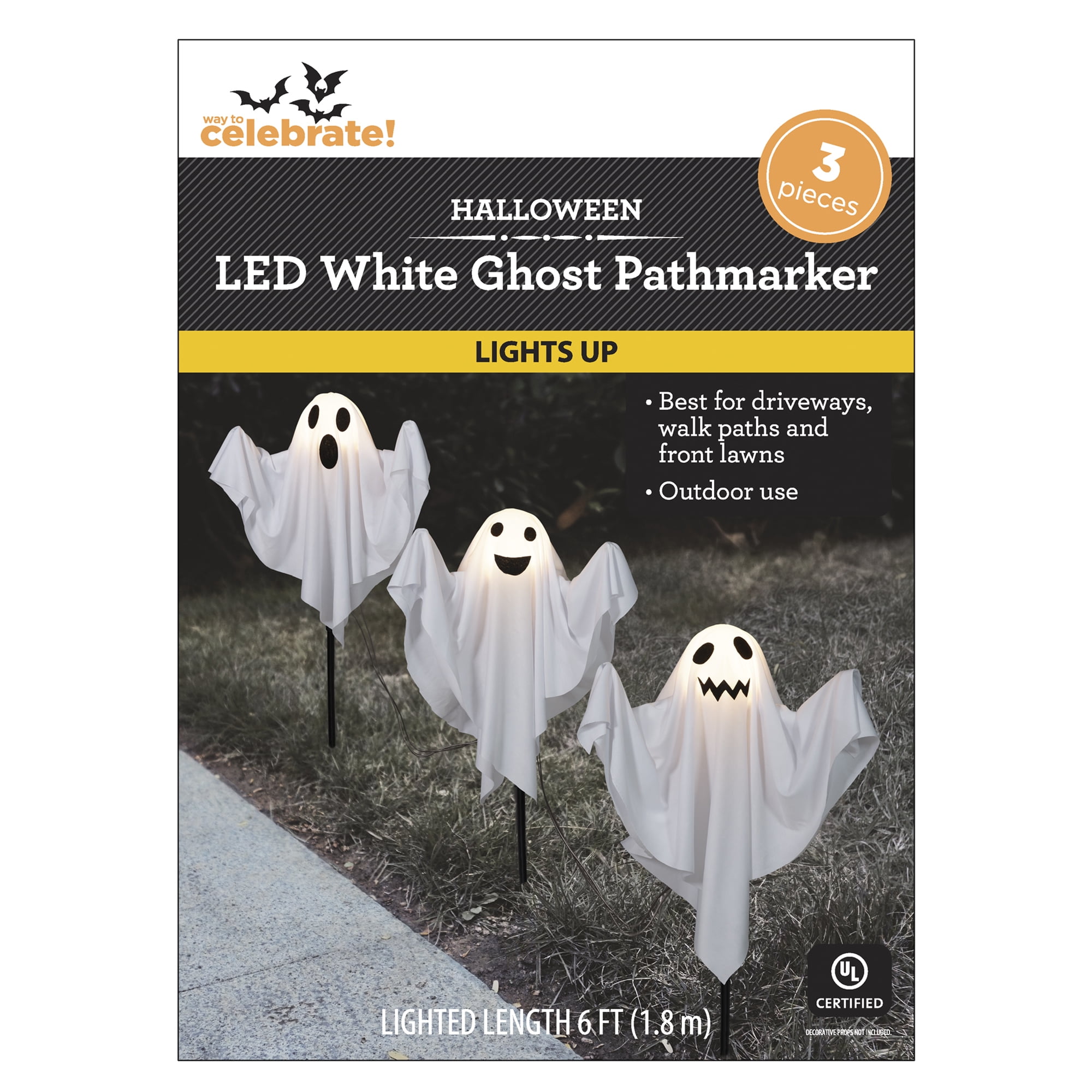 Fabric Ghost Pathmarker Lights, 3PC, Warm White LEDs, 6ft, Halloween Outdoor, by Way To Celebrate