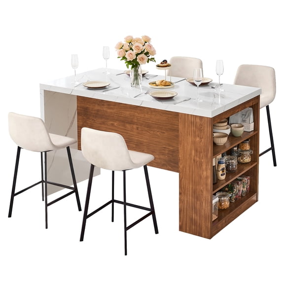 ROGALIS 61" Kitchen Island Table with Storage, 1.8" Thick One-Piece Faux Marble Top, Kitchen Table with Built-in Power Outlet & LED Lights, Counter Height Dining Table for 4, White