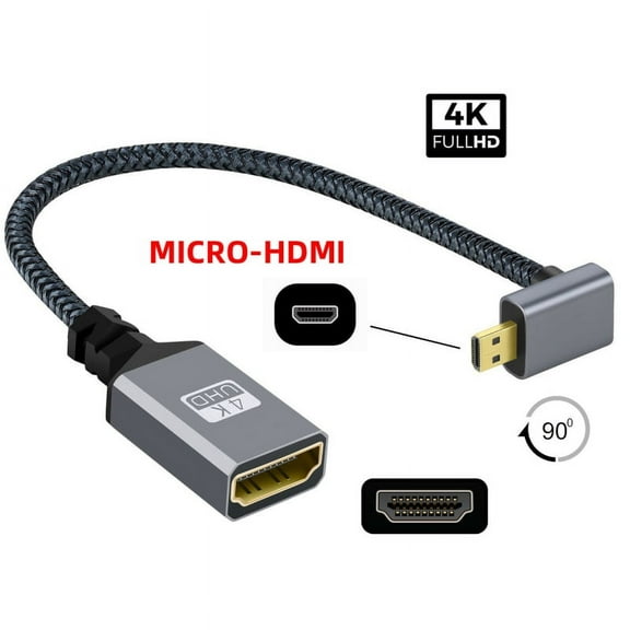 FVH 4K Type-D Micro HDMI 1.4 Male 90 Degree Down Angled to HDMI Female Extension Cable for DV MP4 Camera DC Laptop