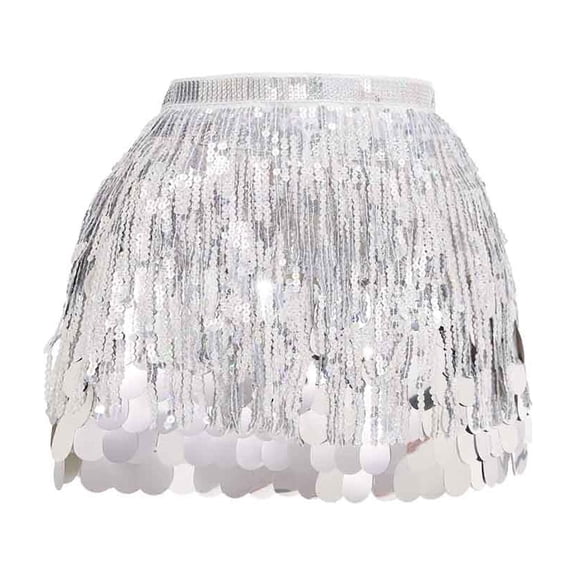 IWRICH Dance Scarf Sequin Tassel Skirt Wrap Sparkly Rave Mini Skirts for Women Silver One Size