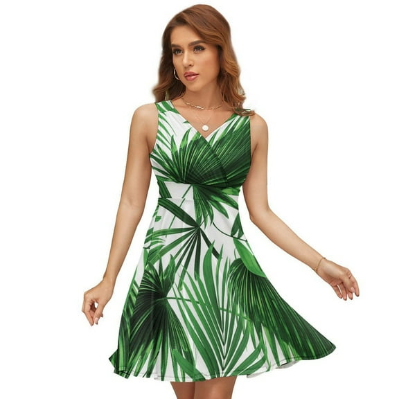 Palm Leaf Realistic Vivid Leaves of Palm Tree Women's Tank Dress V Neck Sleeveless Summer Sundress