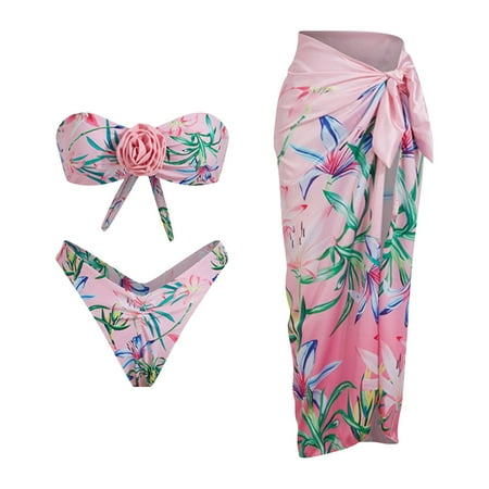 yunLCZ Women s Two Piece Bikini Set Women s Retro Fashion Bandeau Swimsuit With Beach Cover Up Wrap Skirt Two Bikini Set