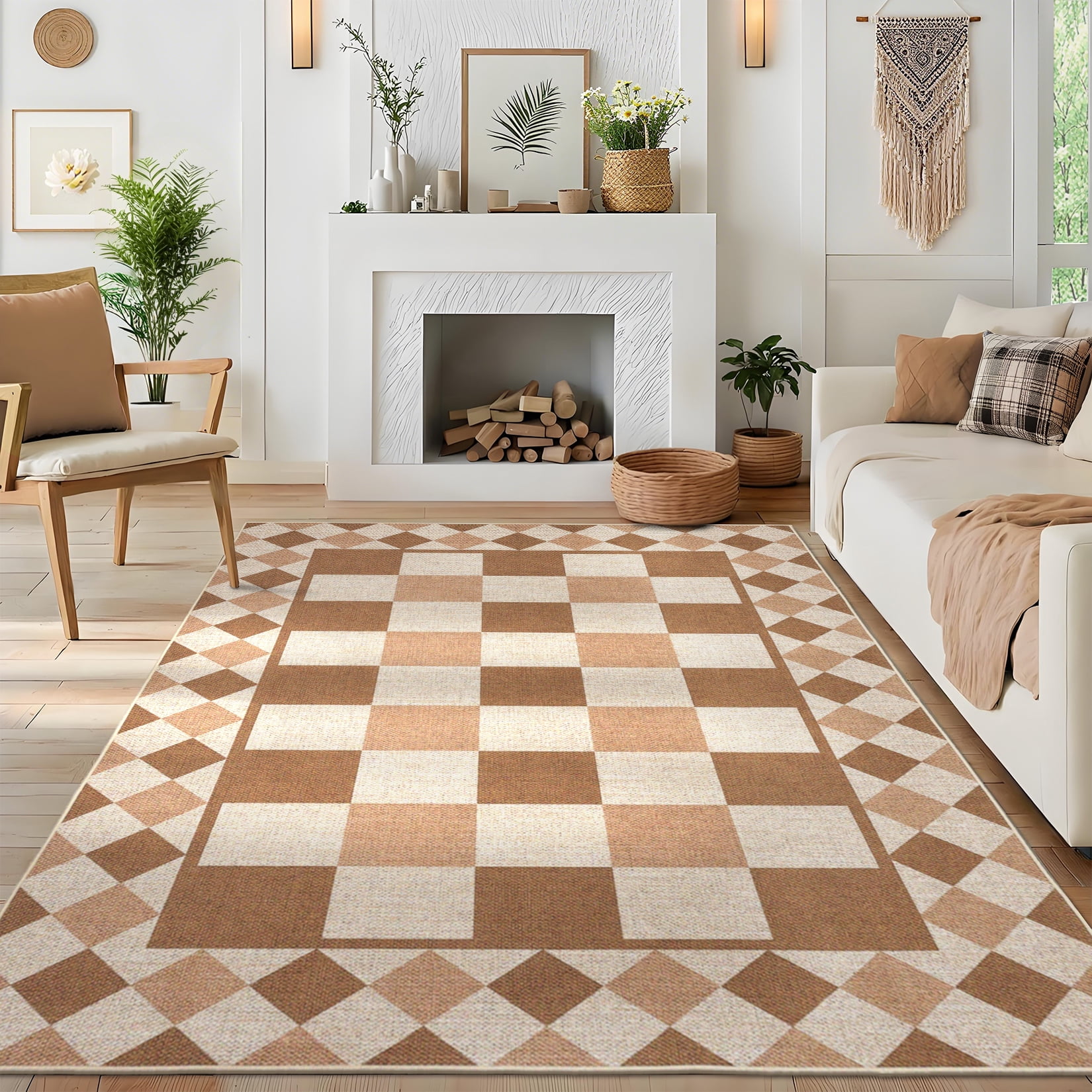 Hasoo Easy Jute Area Rug 9x12 Washable Rug for Living Room Bedroom Checkered Indoor Outdoor Geometric Carpet for Backyard, Yellow/Brown