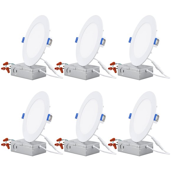 TORCHSTAR Essential Series Éclairage Encastré Ultra-Mince 6 Pouces avec J-Box, Panneau Mince Dimmable 12W 1100lm, ETL & Energy Star Listed, 5000K Lumière du Jour, Lot de 6