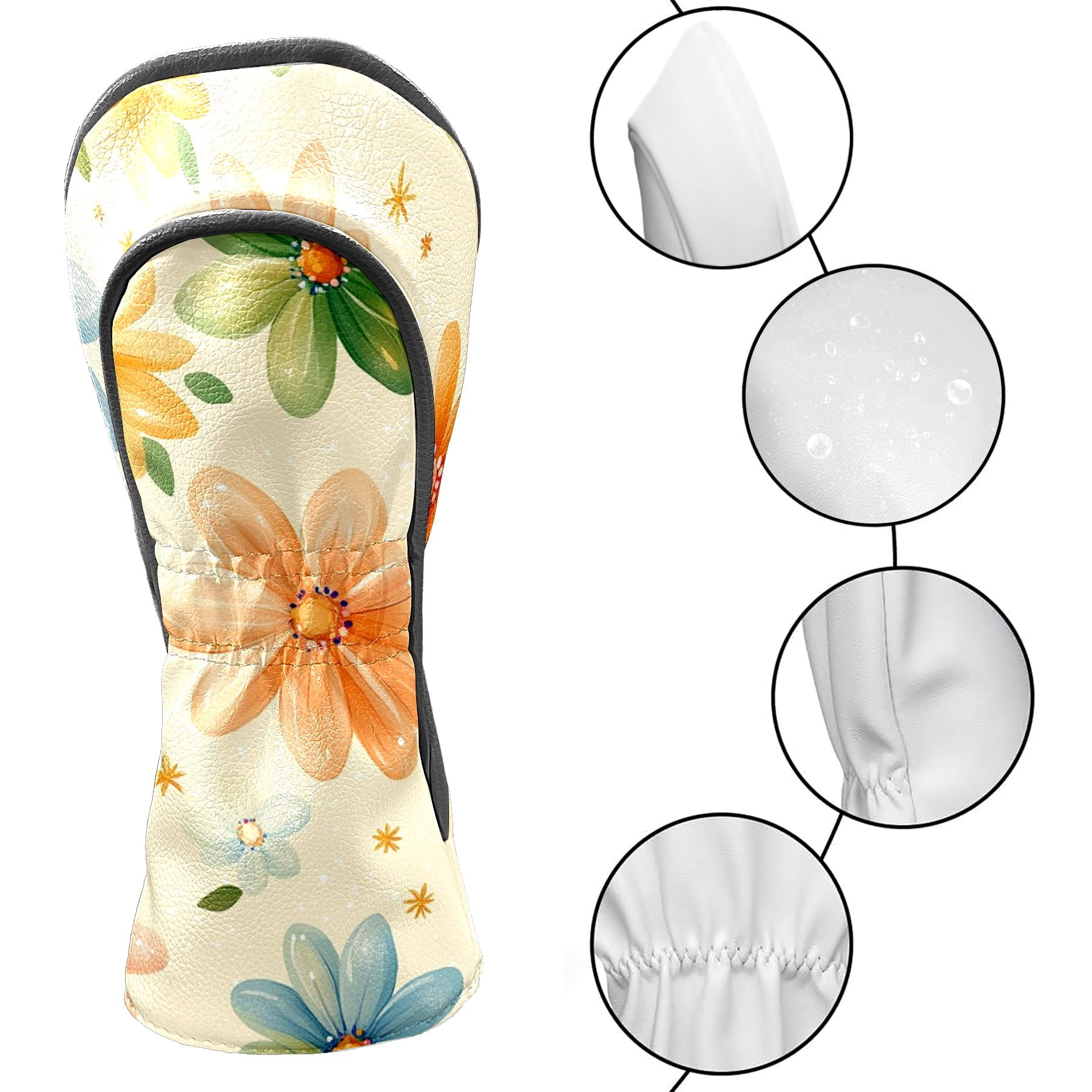 Golf Head Covers Pastel Flowers Design for Driver, Wood & Hybrid, Premium Waterproof PU Leather with Plush Lining, Soft Floral Golf Gifts