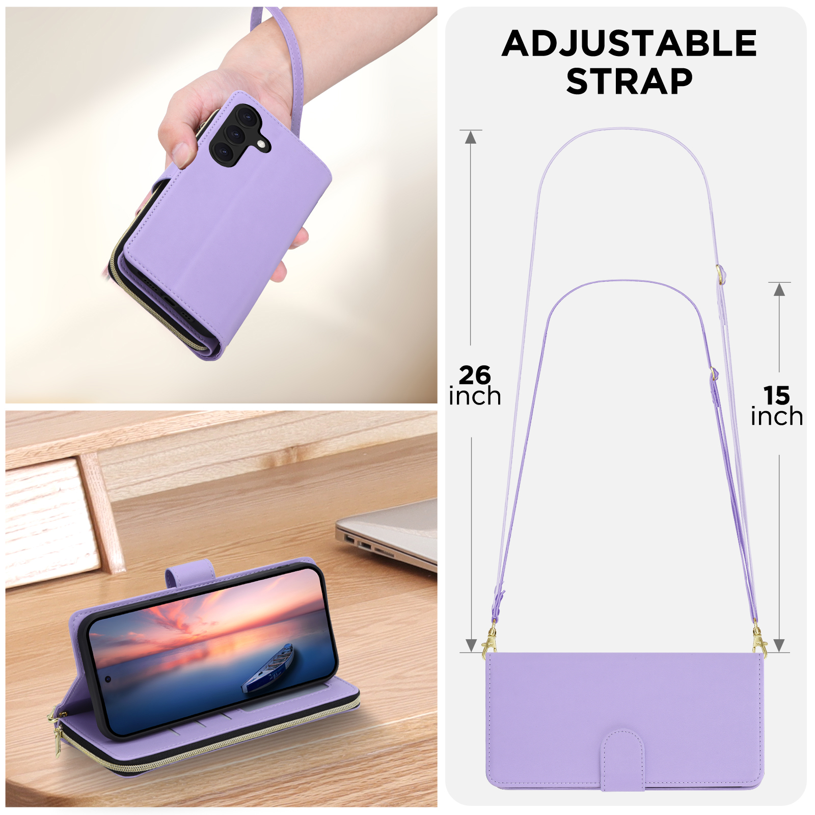 for Samsung Galaxy A16 5G Crossbody Wallet Case with 9 Card Holders, Cash Slot, Photo Slot, Zipper Pocket PU Leather Magnetic Snap Wallet Phone Case with Flip Stand & Wrist Strap & Lanyard, Purple