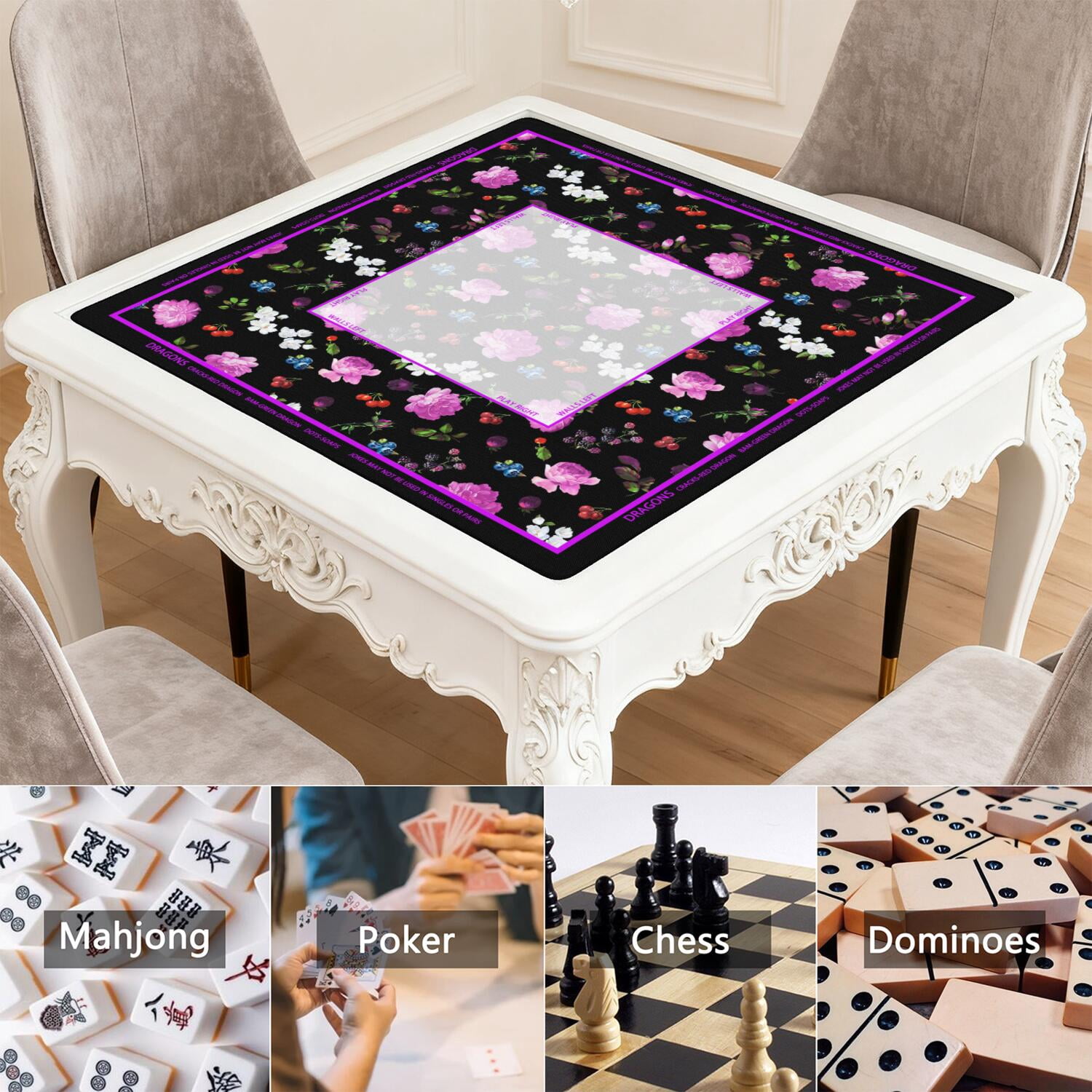 Flower Mahjong Mat with Rules, 31.5*31.5in Anti Slip American Mahjong Mat for Table, Noise Reduction, Neoprene Mah jongg Mats with Carrying Bag & 3 Dices, Mahjong Set Gift, Board Tile Games Mats