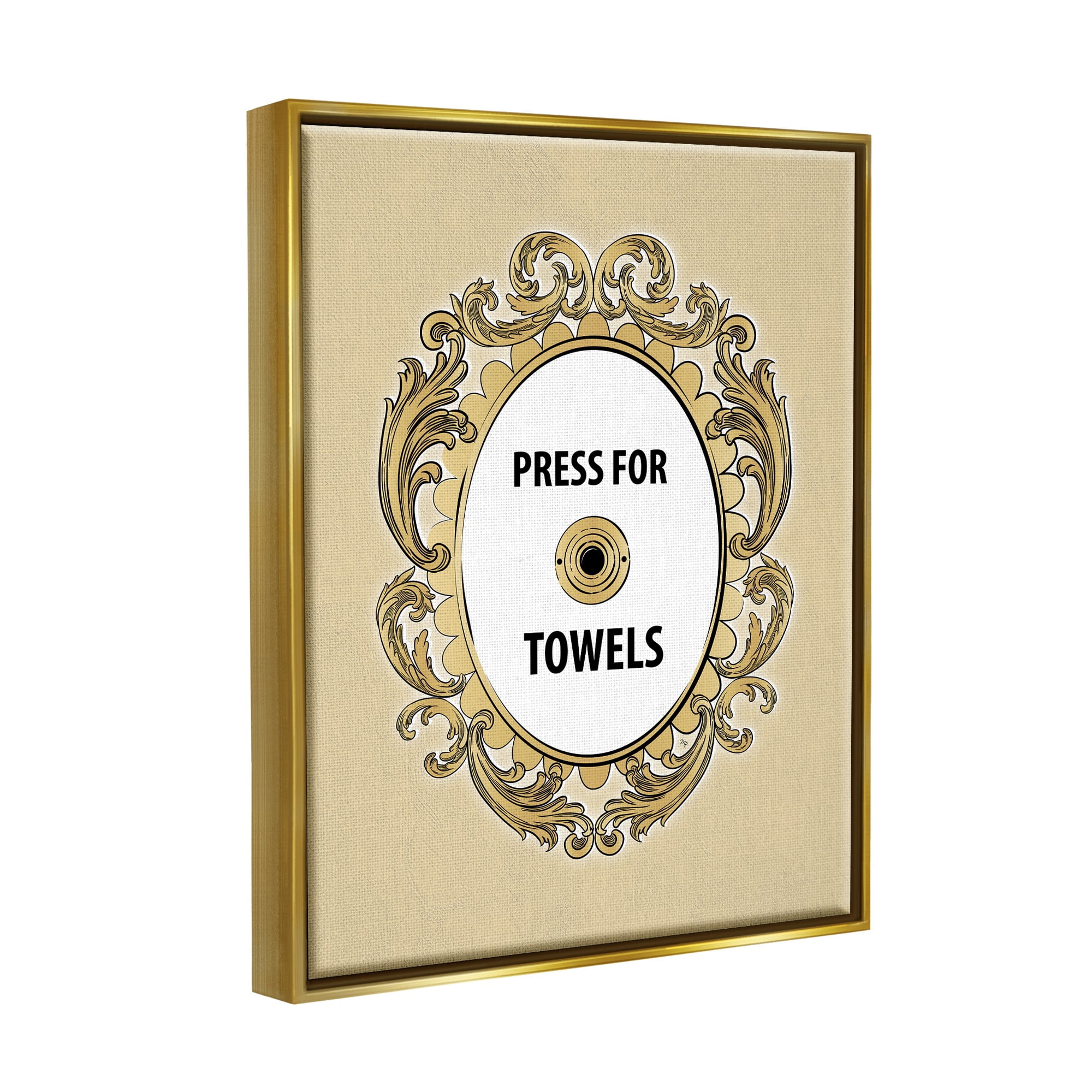 Stupell Industries Press For Towels Ornate Bell Typography Painting Gold Floater Framed Art Print Wall Art