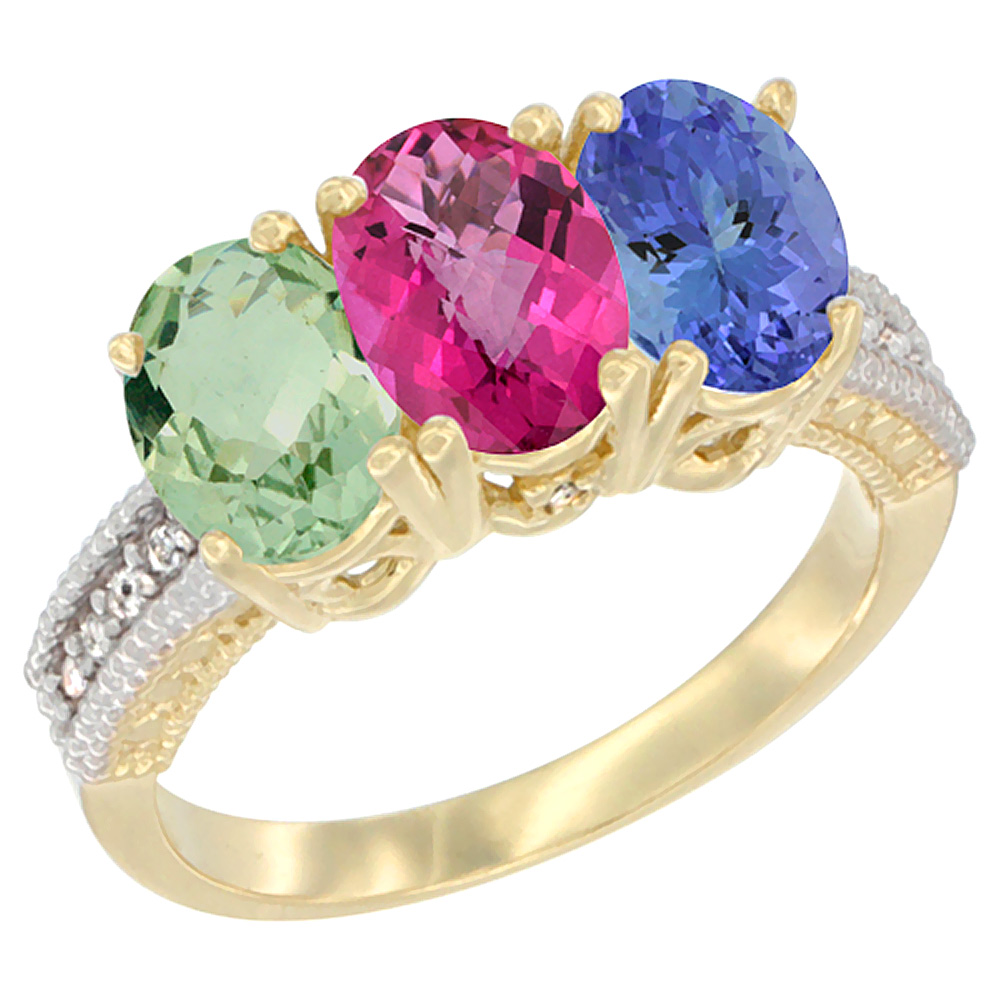 14K Yellow Gold Natural Green Amethyst, Pink Topaz & Tanzanite Ring 3-Stone 7x5 mm Oval Diamond Accent, sizes 5 10 by WorldJewels