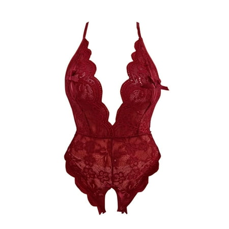 Upioiwer Womens Crotchless Lingerie Red Lingerie Women Sexy V Neck Underwear Sexy Lingerie Lace Backless Lanyard Underwear Conjoined Tight Suit Exotic Lingerie Lingerie Lace Backless V-Neck Lace