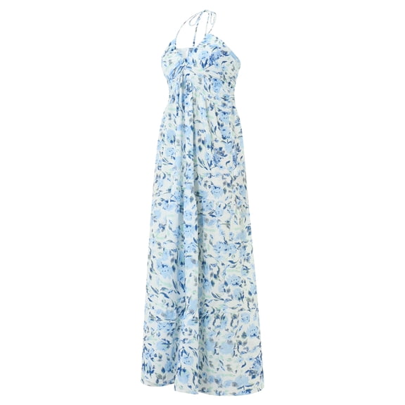 Lamuusaa Women Long Dress, Elegant Sleeveless Tie-up Halterneck Floral Dress Summer Swing Dress